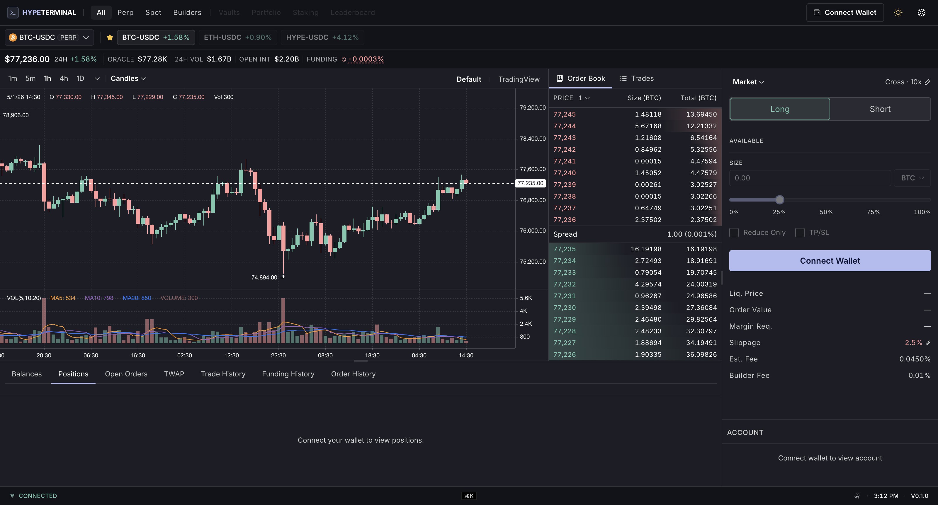HypeTerminal trading interface showing BTC-USDC chart, order book, and trade panel